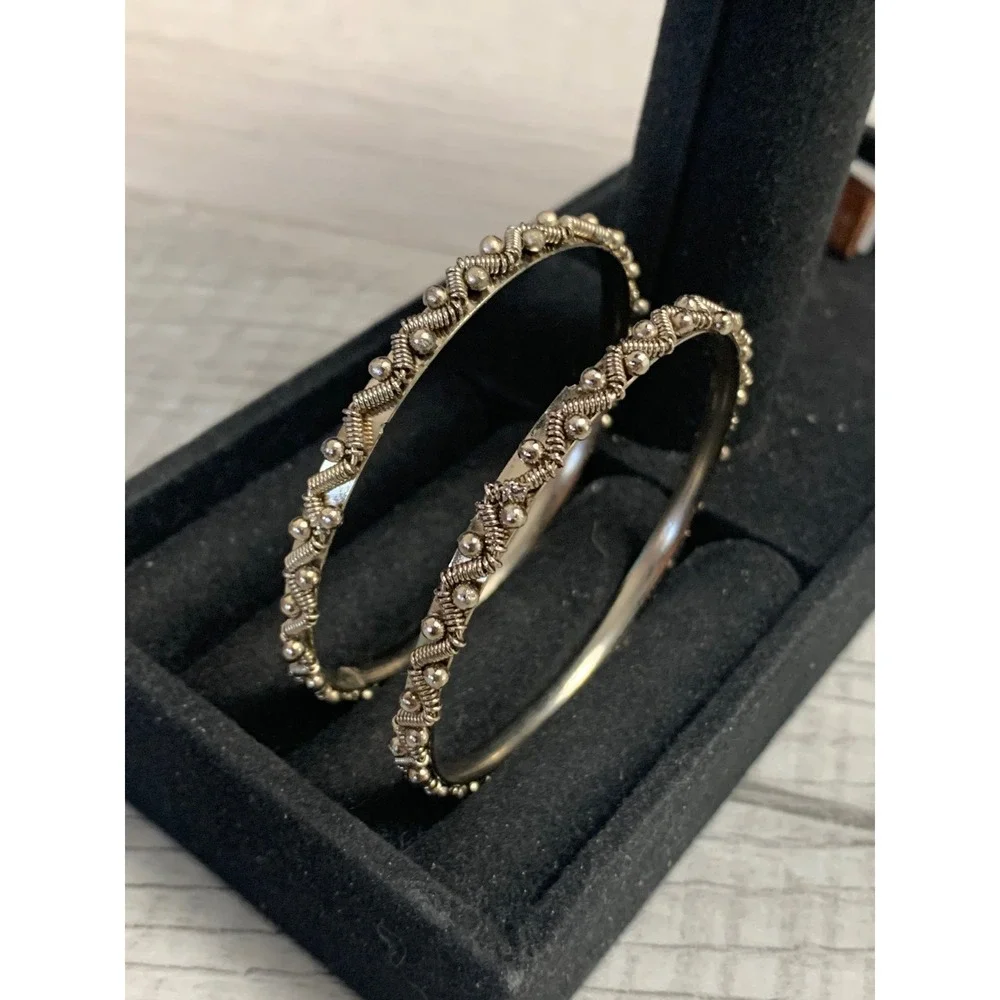 Silver Tone Ornate Twisted Wire Bead Bangle Bracelets Set of 2 Boho Ethnic 6.5